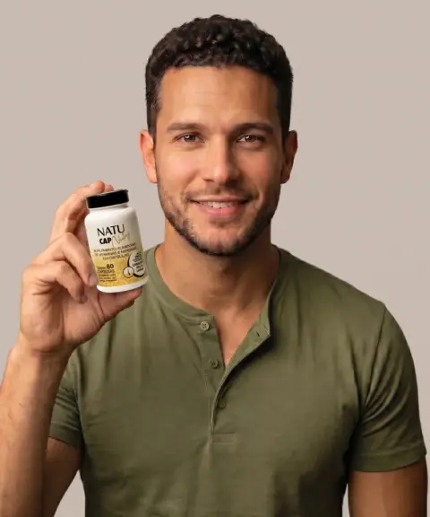 Homem segurando o pote de Natucap Nutry, suplemento de vitaminas e minerais em cápsulas