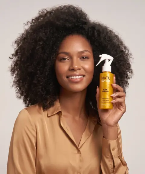 Mulher de cabelo crespo segurando o Fluido Reparador Natucap Hair