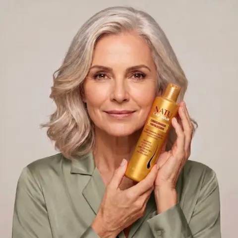 Mulher de cabelo grisalho segurando o Condicionador Fortalecedor Natucap Hair