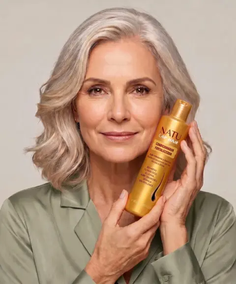 Mulher de cabelo grisalho segurando o Condicionador Fortalecedor Natucap Hair