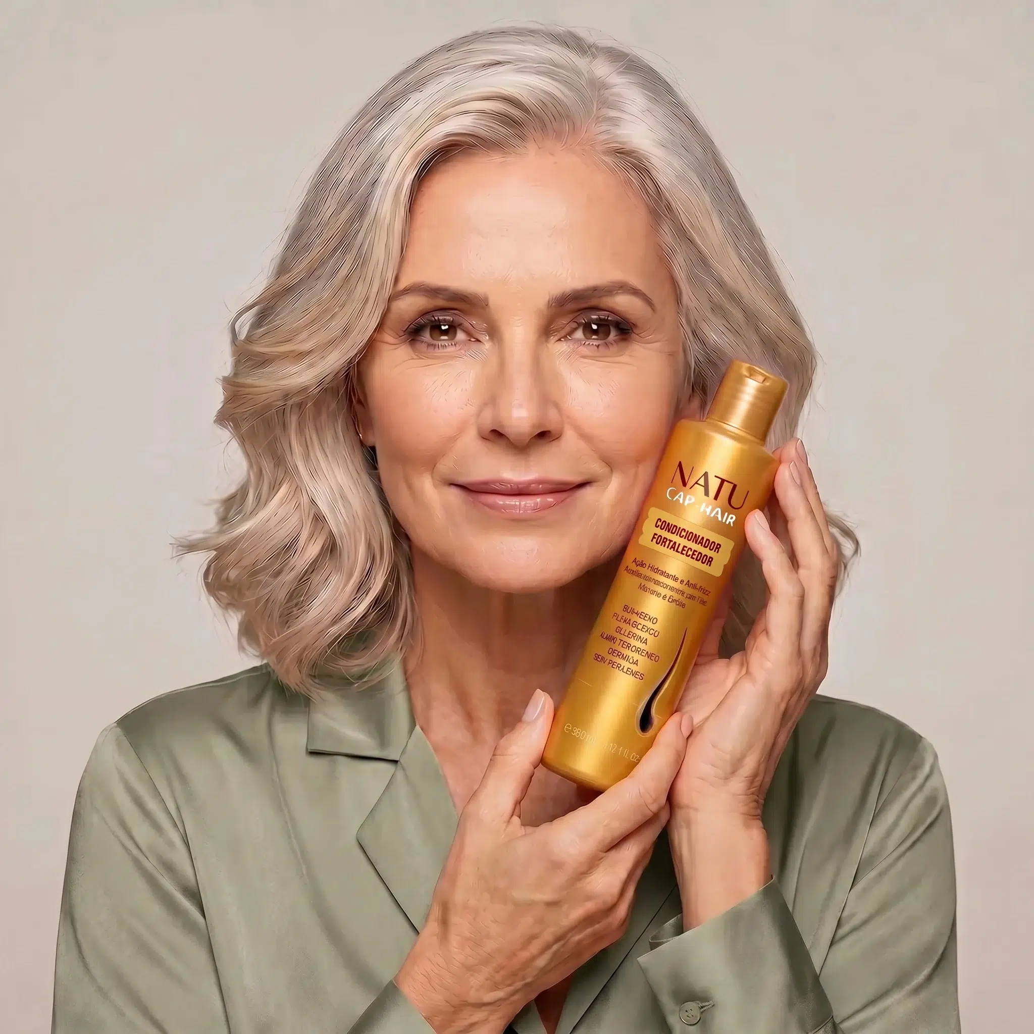 Mulher de cabelo grisalho segurando o Condicionador Fortalecedor Natucap Hair