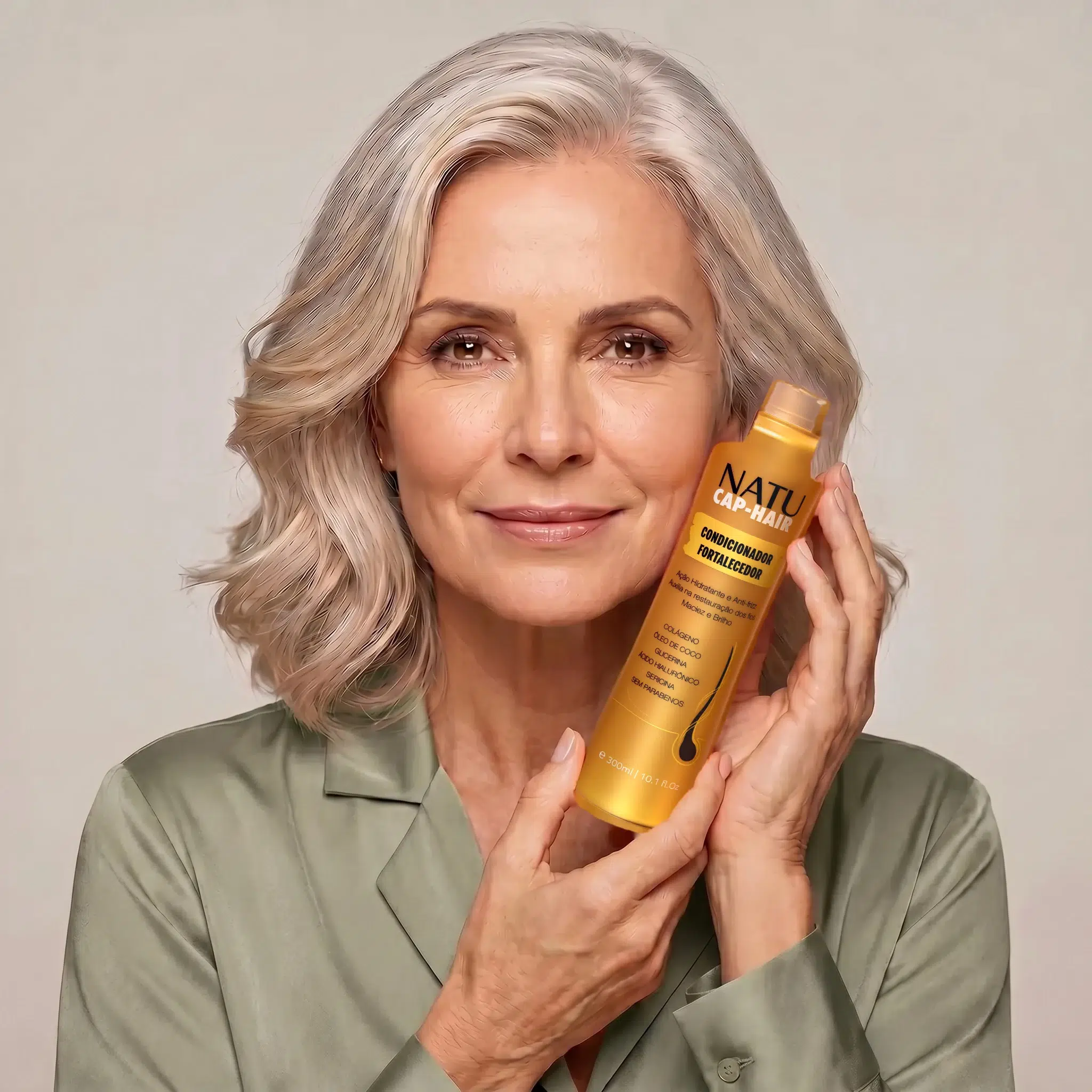 Mulher de cabelo grisalho segurando o Condicionador Fortalecedor Natucap Hair