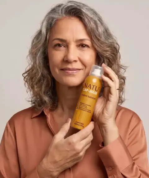 Mulher de cabelo grisalho segurando o spray Hidratação Instantânea Natucap Hair