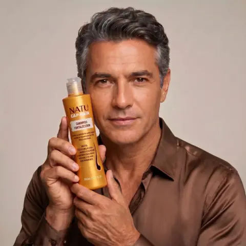 Homem segurando o Shampoo Fortalecedor Natucap Hair