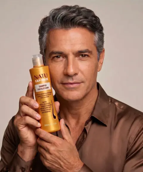 Homem segurando o Shampoo Fortalecedor Natucap Hair