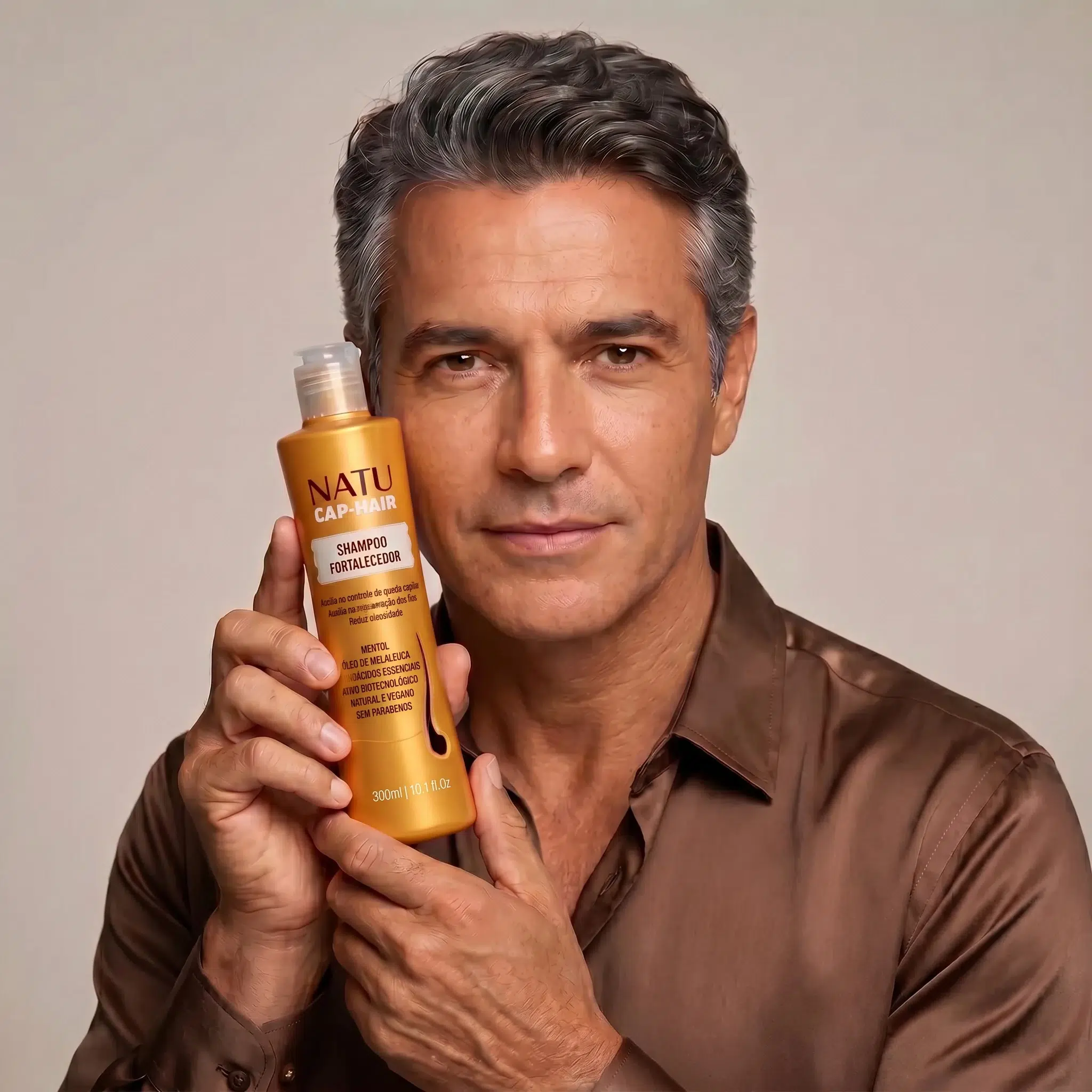 Homem segurando o Shampoo Fortalecedor Natucap Hair