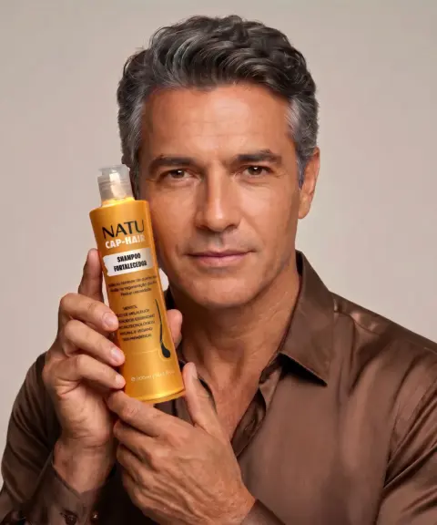 Homem segurando o Shampoo Fortalecedor Natucap Hair