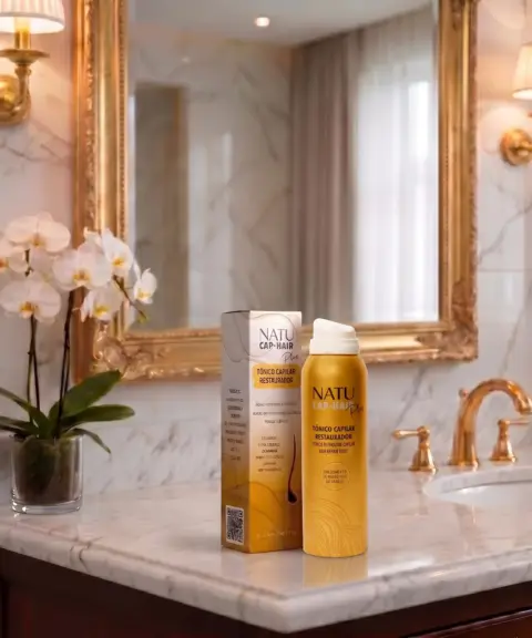 Frasco e caixa do Tônico Capilar Restaurador Natucap Hair na bancada de mármore do banheiro