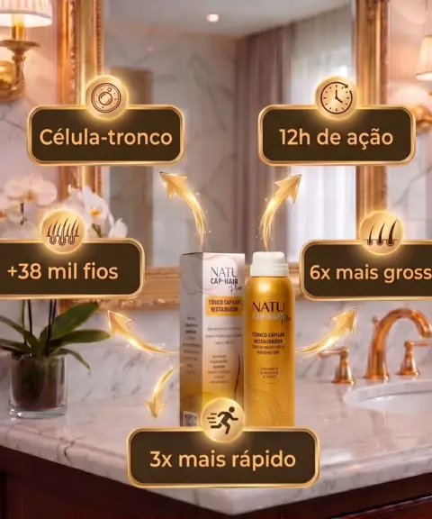 Tônico Capilar Restaurador Natucap Hair na bancada do banheiro com os benefícios: célula-tronco, 12h de ação, mais fios e fios mais grossos