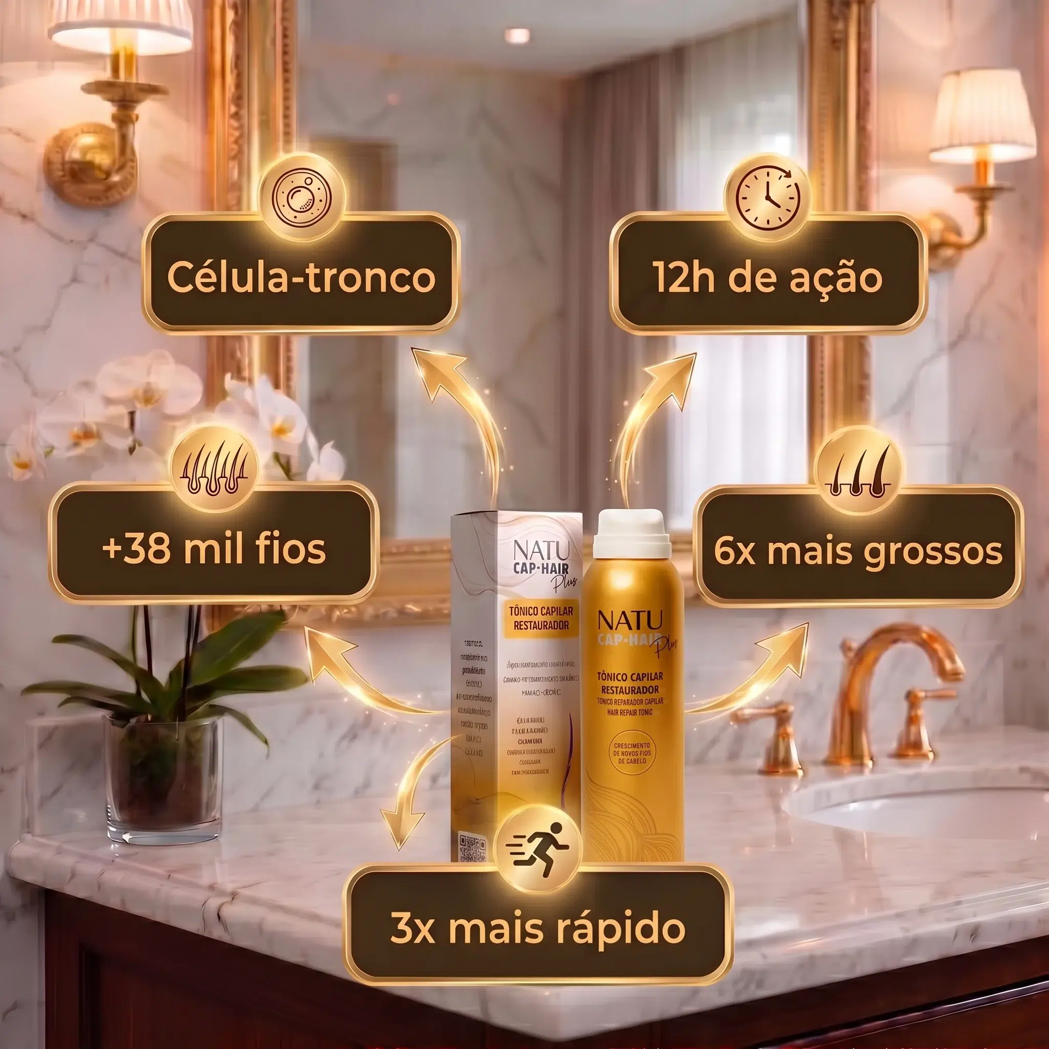 Tônico Capilar Restaurador Natucap Hair na bancada do banheiro com os benefícios: célula-tronco, 12h de ação, mais fios e fios mais grossos