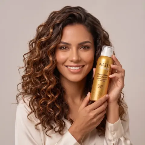 Mulher sorrindo segurando o Tônico Capilar Restaurador Natucap Hair Plus
