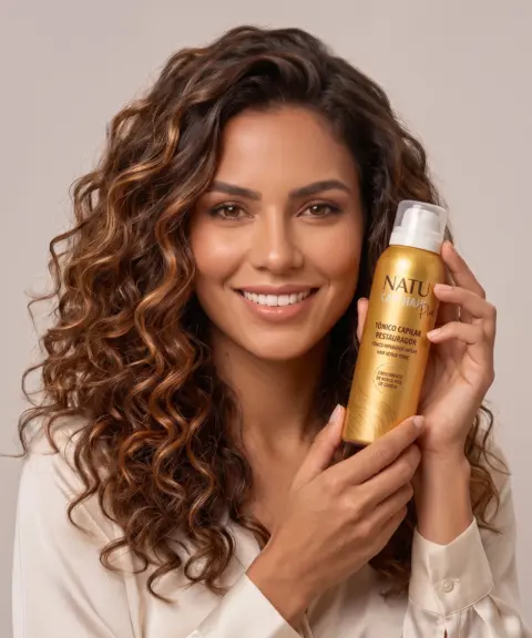 Mulher sorrindo segurando o Tônico Capilar Restaurador Natucap Hair Plus