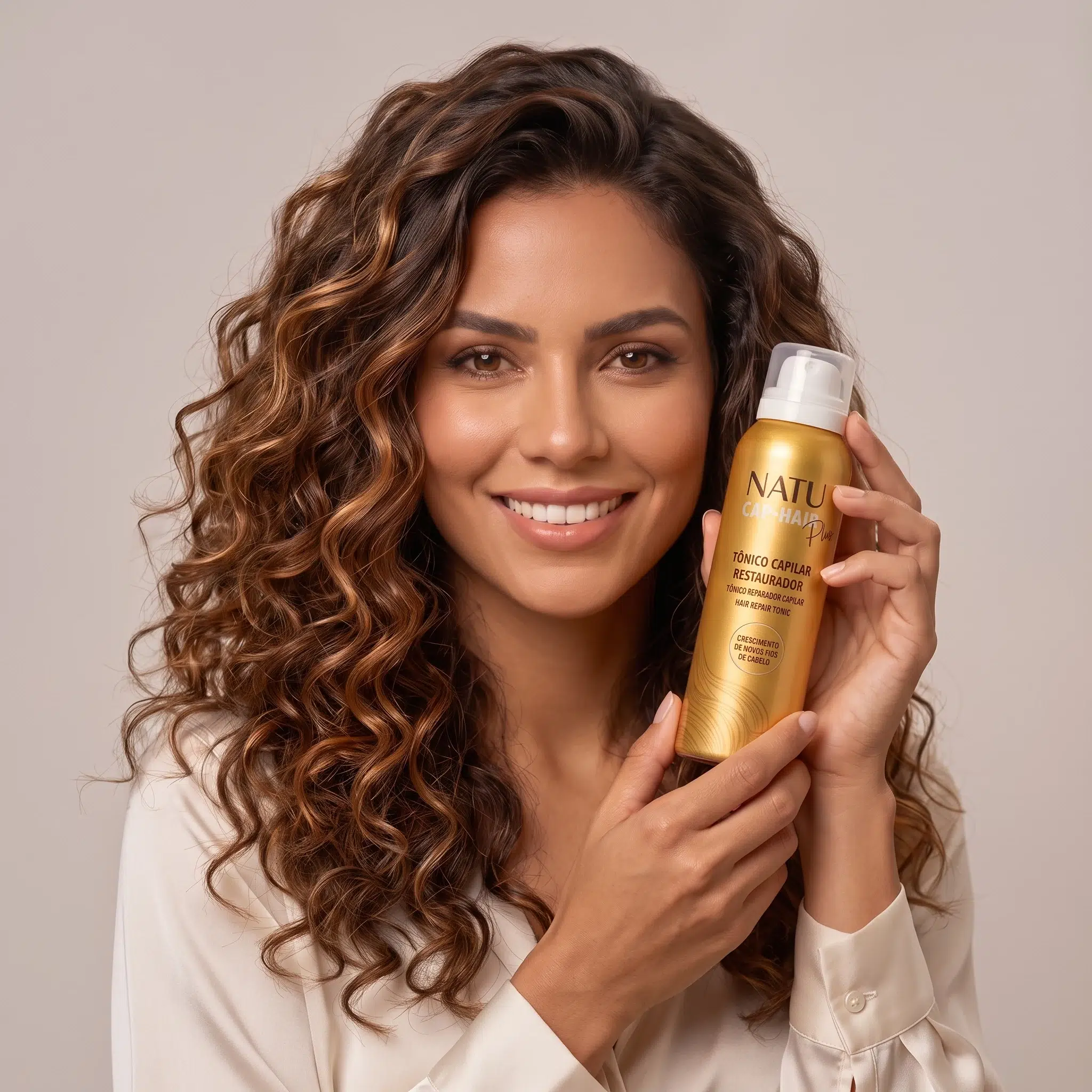 Mulher sorrindo segurando o Tônico Capilar Restaurador Natucap Hair Plus
