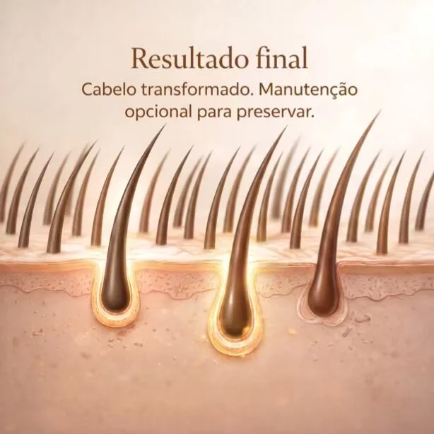 Mês 5: Resultado final. Cabelo transformado. Manutenção opcional para preservar.