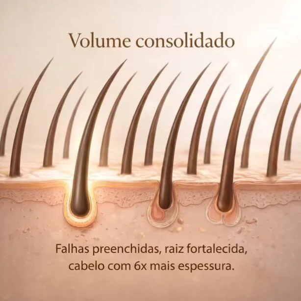 Mês 4: Volume consolidado. Falhas preenchidas, raiz fortalecida, cabelo com 6x mais espessura.