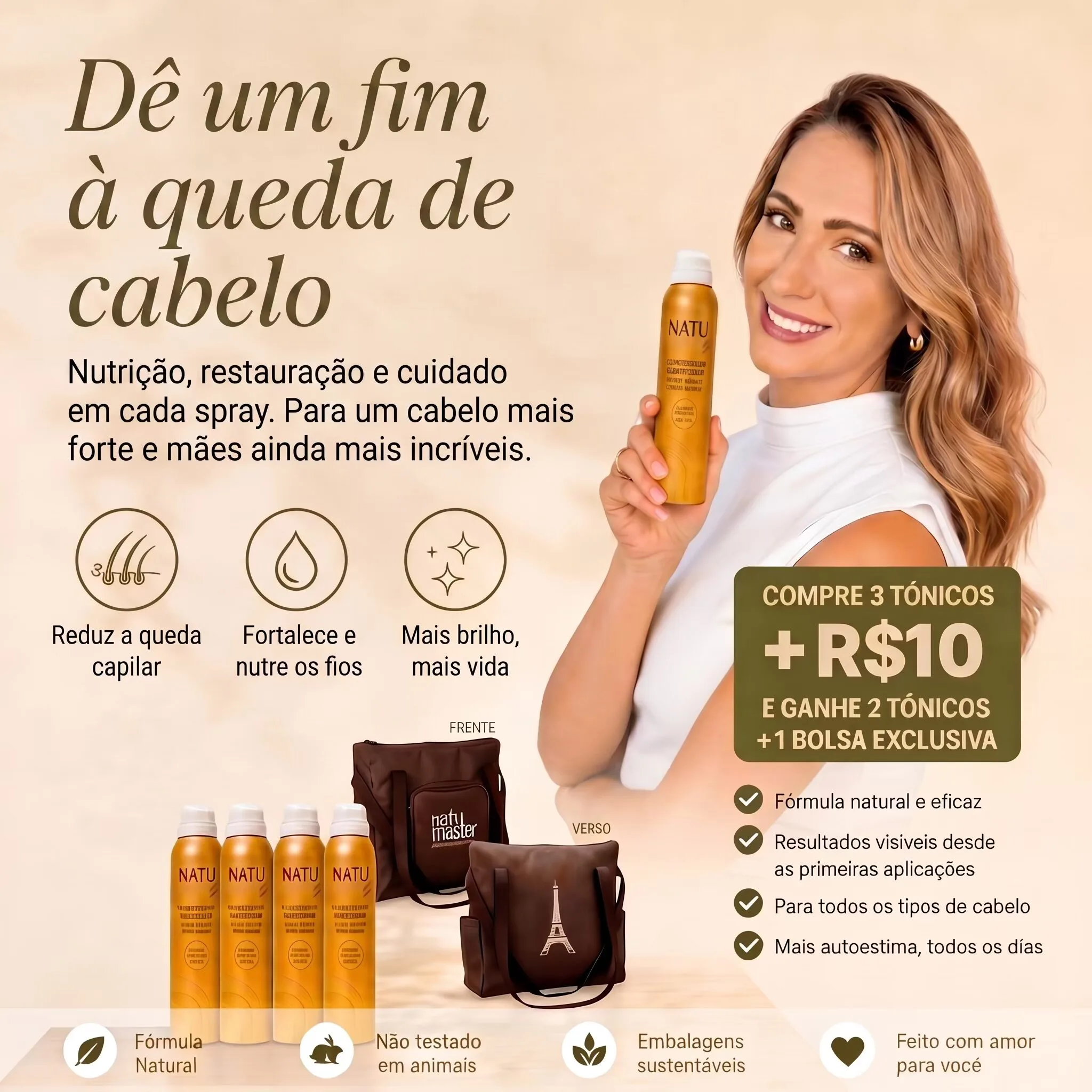 Kit Crescimento Capilar 5 Meses Natumaster, compre 3 frascos por R$ 10 a mais leve 5 frascos + Bolsa Exclusiva
