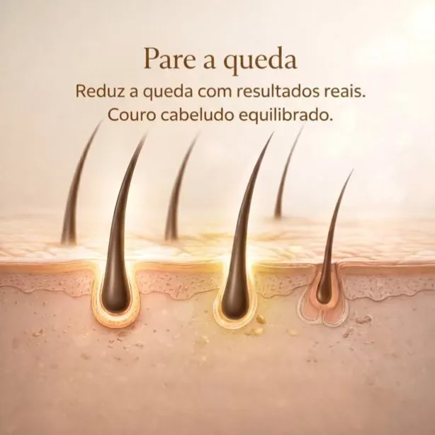 Mês 1: Pare a queda. Reduz a queda com resultados reais. Couro cabeludo equilibrado.