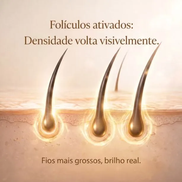 Mês 2: Folículos ativados. Densidade volta visivelmente. Fios mais grossos, brilho real.