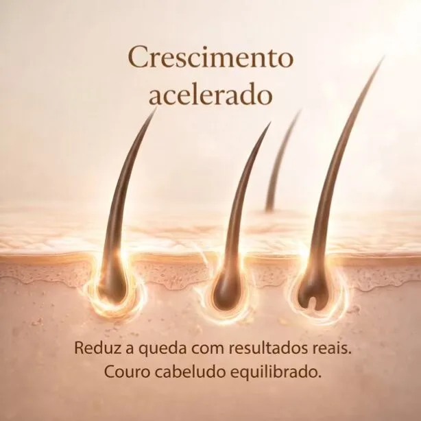 Mês 3: Crescimento acelerado. Reduz a queda com resultados reais. Couro cabeludo equilibrado.