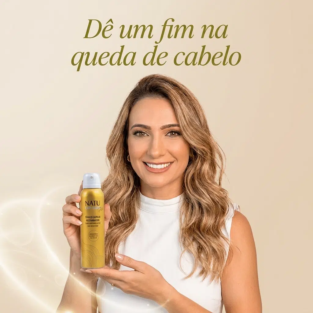 Mulher segurando o Tônico Capilar Natucap Hair, dê um fim na queda de cabelo